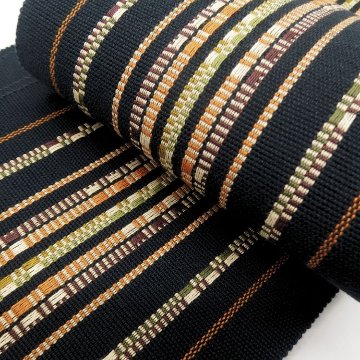  ＜お仕立て代込＞大城一夫 （大城廣四郎織物工房）「道屯織」半幅帯 黒に茶（オレンジみの茶）の画像