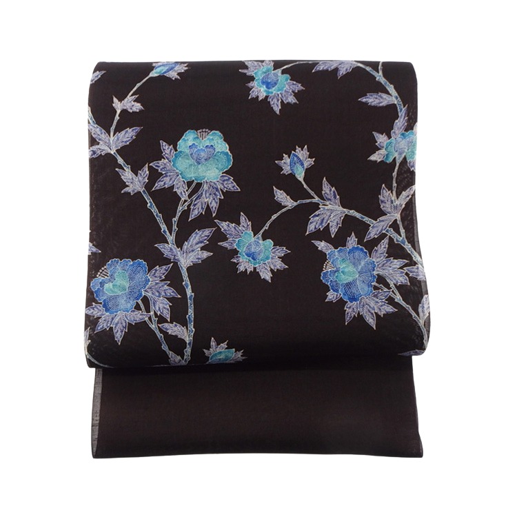 多ち花（たちばな）「ガルーダ（草花更紗）」 九寸名古屋帯 摺り友禅 染め帯 夏帯〜単衣帯 墨茶に青＜お仕立て代込＞の画像