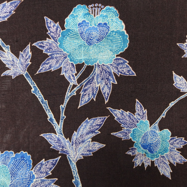 ＜お仕立て代込＞多ち花（たちばな）「ガルーダ（草花更紗）」 九寸名古屋帯 摺り友禅 染め帯 夏帯〜単衣帯 墨茶に青の画像