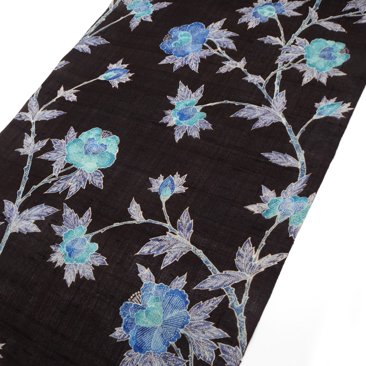 ＜お仕立て代込＞多ち花（たちばな）「ガルーダ（草花更紗）」 九寸名古屋帯 摺り友禅 染め帯 夏帯〜単衣帯 墨茶に青の画像