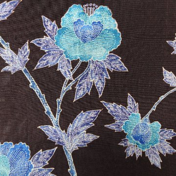 ＜お仕立て代込＞多ち花（たちばな）「ガルーダ（草花更紗）」 九寸名古屋帯 摺り友禅 染め帯 夏帯〜単衣帯 墨茶に青の画像