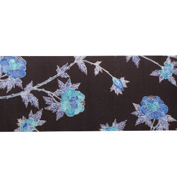 ＜お仕立て代込＞多ち花（たちばな）「ガルーダ（草花更紗）」 九寸名古屋帯 摺り友禅 染め帯 夏帯〜単衣帯 墨茶に青の画像