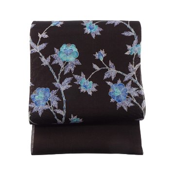 多ち花（たちばな）「ガルーダ（草花更紗）」 九寸名古屋帯 摺り友禅 染め帯 夏帯〜単衣帯 墨茶に青＜お仕立て代込＞の画像