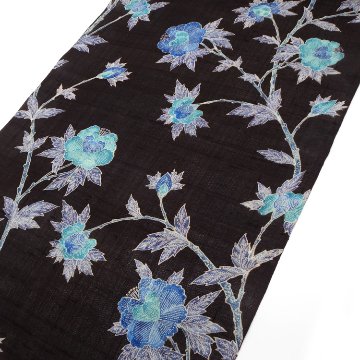 ＜お仕立て代込＞多ち花（たちばな）「ガルーダ（草花更紗）」 九寸名古屋帯 摺り友禅 染め帯 夏帯〜単衣帯 墨茶に青の画像