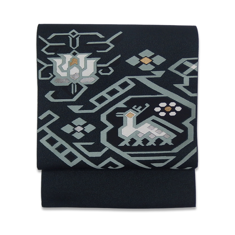 ＜リユースとヴィンテージ＞服部織物 洒落袋帯 「有栖川文様」 墨黒×灰白緑＜即日発送可＞の画像