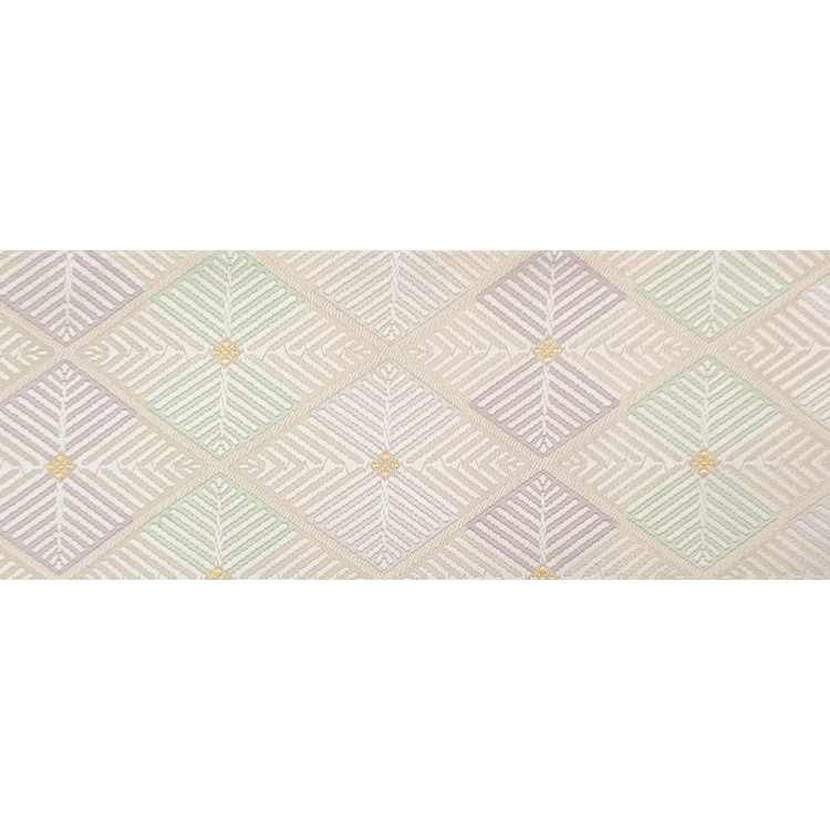 ＜お仕立て済・即日発送可＞河合美術織物 袋帯 菱重繋文（ひしがさね） 白に白緑・灰紫の画像