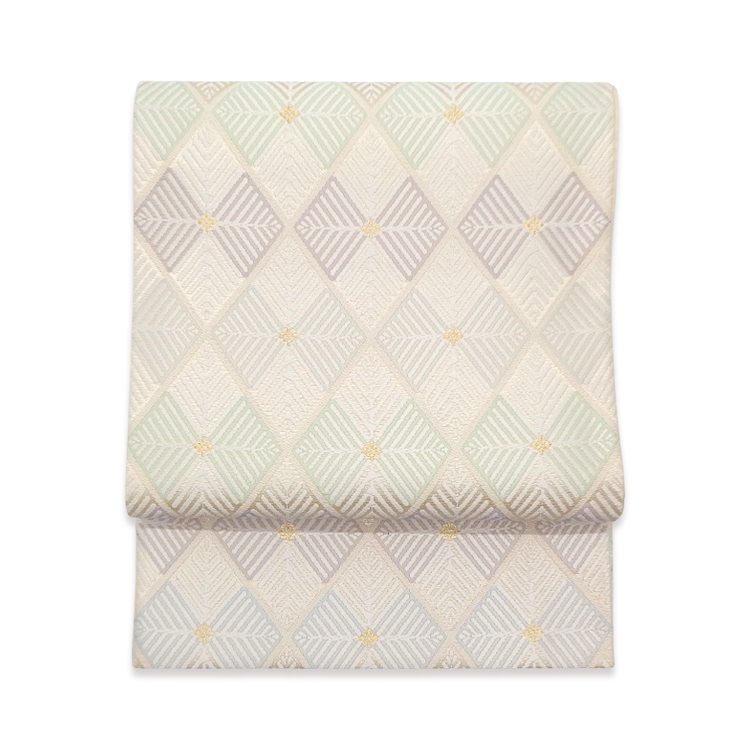 ＜お仕立て済・即日発送可＞河合美術織物 袋帯 菱重繋文（ひしがさね） 白に白緑・灰紫の画像