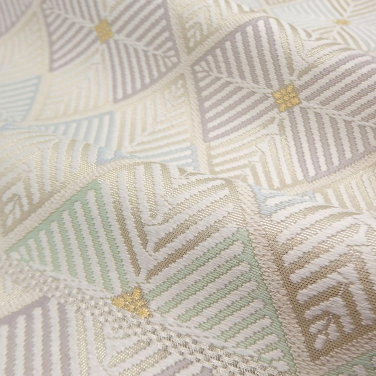 ＜お仕立て済・即日発送可＞河合美術織物 袋帯 菱重繋文（ひしがさね） 白に白緑・灰紫の画像