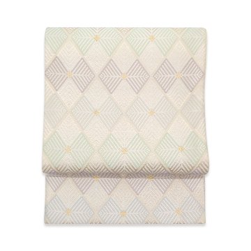 ＜お仕立て済・即日発送可＞河合美術織物 袋帯 菱重繋文（ひしがさね） 白に白緑・灰紫の画像