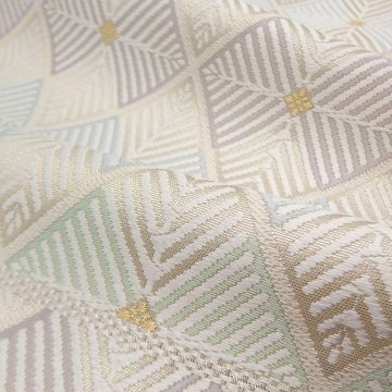 ＜お仕立て済・即日発送可＞河合美術織物 袋帯 菱重繋文（ひしがさね） 白に白緑・灰紫の画像