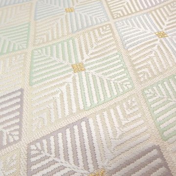 ＜お仕立て済・即日発送可＞河合美術織物 袋帯 菱重繋文（ひしがさね） 白に白緑・灰紫の画像