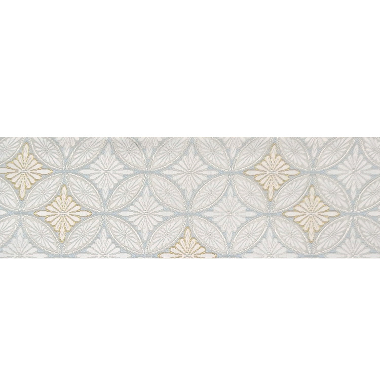 ＜お仕立て済・即日発送可＞河合美術織物 袋帯 菊七宝繋文（きくしっぽう） 灰白と金銀糸の画像