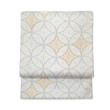 ＜お仕立て済・即日発送可＞河合美術織物 袋帯 菊七宝繋文（きくしっぽう） 灰白と金銀糸の画像