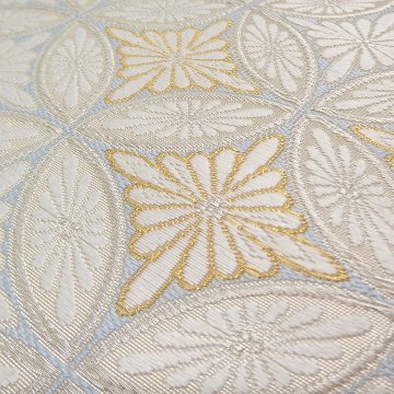 ＜お仕立て済・即日発送可＞河合美術織物 袋帯 菊七宝繋文（きくしっぽう） 灰白と金銀糸の画像