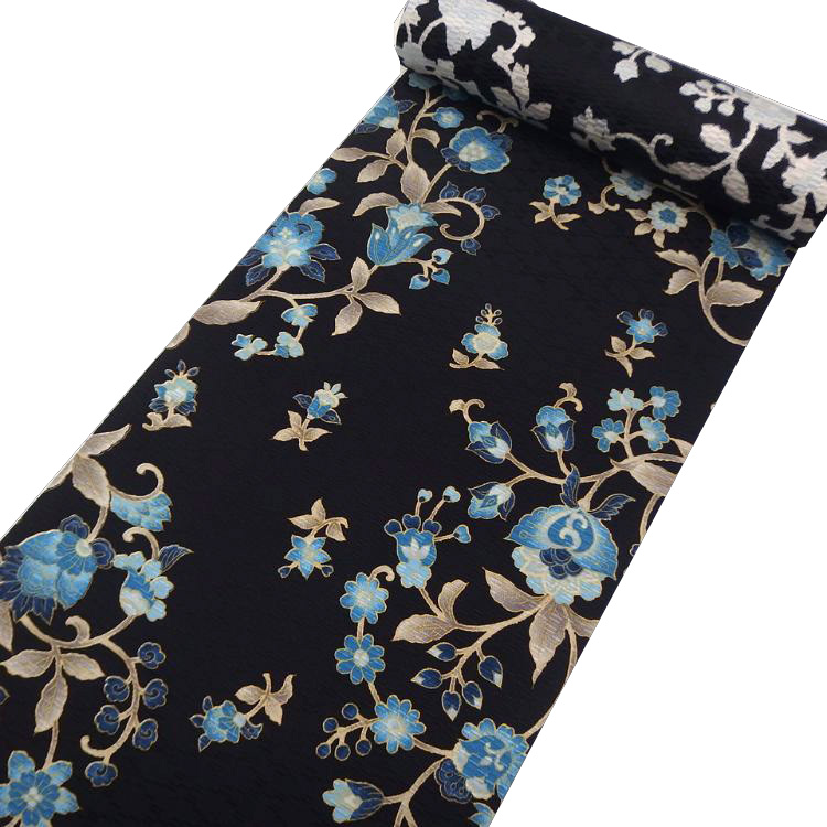 お仕立て代込＞岡重「更紗×博多織」八寸名古屋帯 染め帯 黒と瑠璃紺