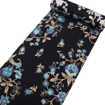 【新品未使用】高級　博多帯　千織総浮　八寸名古屋帯　黒田官兵衛 お仕立て代込＞岡重「更紗×博多織」八寸名古屋帯 染め帯 黒と瑠璃紺