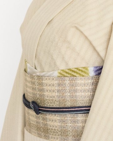 お仕立て代込＞小林純子 「裂織布（さきおりふ）」 八寸名古屋帯 灰黄