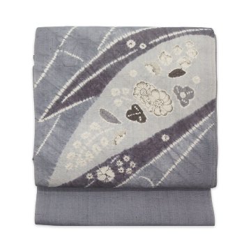 ＜お仕立て代込＞しょうざん「辻が花文×生紬」名古屋帯 灰藤色（アッシュな紫系）染め帯の画像