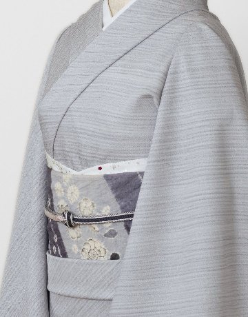 ＜お仕立て代込＞しょうざん「辻が花文×生紬」名古屋帯 灰藤色（アッシュな紫系）染め帯の画像