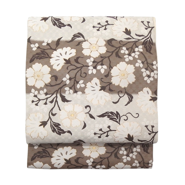 ＜お仕立て代込＞織楽浅野（しょくらくあさの）「トルコ花文」袋帯 生成と江戸鼠（灰茶系）の画像