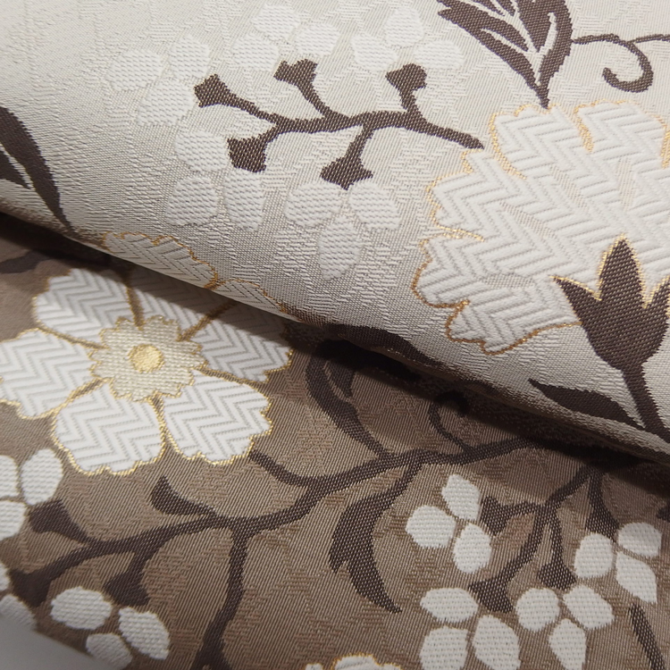 ＜お仕立て代込＞織楽浅野（しょくらくあさの）「トルコ花文」袋帯 生成と江戸鼠（灰茶系）の画像