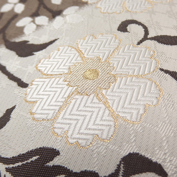 ＜お仕立て代込＞織楽浅野（しょくらくあさの）「トルコ花文」袋帯 生成と江戸鼠（灰茶系）の画像