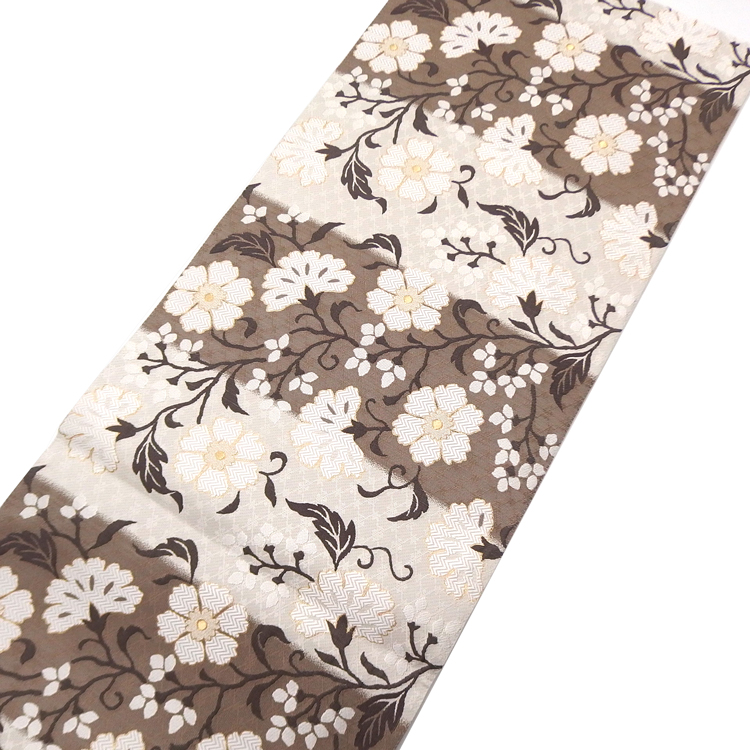 ＜お仕立て代込＞織楽浅野（しょくらくあさの）「トルコ花文」袋帯 生成と江戸鼠（灰茶系）の画像