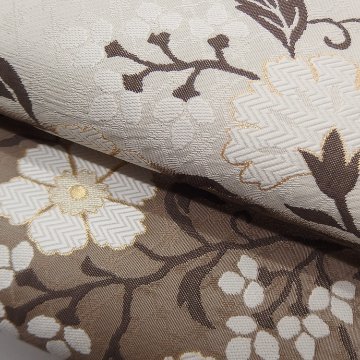 ＜お仕立て代込＞織楽浅野（しょくらくあさの）「トルコ花文」袋帯 生成と江戸鼠（灰茶系）の画像