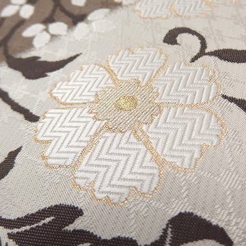 ＜お仕立て代込＞織楽浅野（しょくらくあさの）「トルコ花文」袋帯 生成と江戸鼠（灰茶系）の画像