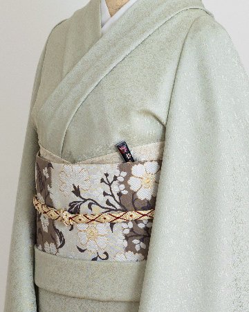 ＜お仕立て代込＞織楽浅野（しょくらくあさの）「トルコ花文」袋帯 生成と江戸鼠（灰茶系）の画像