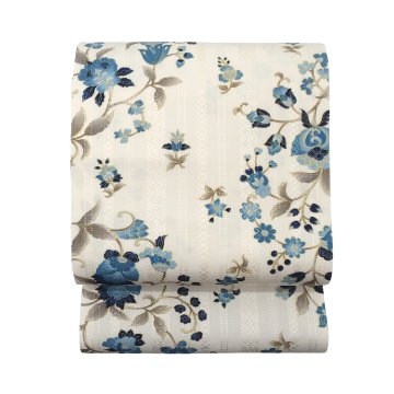 ＜お仕立て代込＞岡重「更紗×博多織」八寸名古屋帯 染め帯 白に花浅葱（青系）の画像