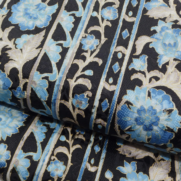 岡重「更紗×博多織」八寸名古屋帯 染め帯 黒に花浅葱（青系）＜お仕立て代込＞の画像