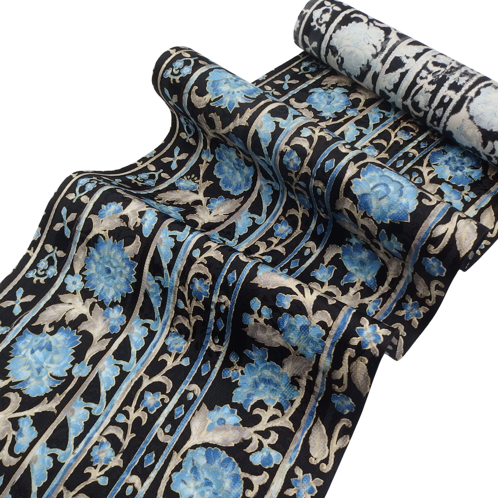 岡重「更紗×博多織」八寸名古屋帯 染め帯 黒に花浅葱（青系）＜お仕立て代込＞の画像