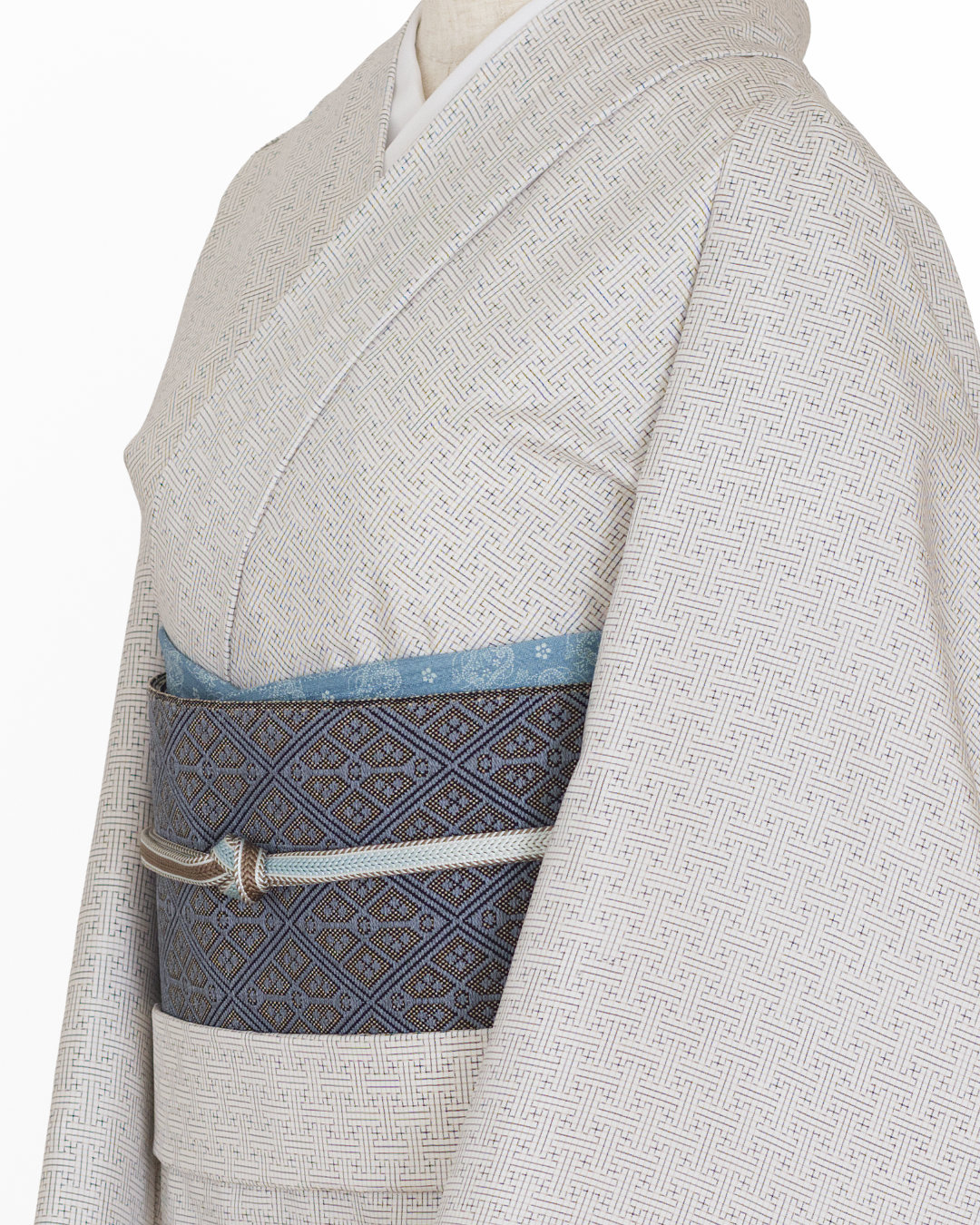 長楽こぎん「菱（こぎん刺し文）」八寸名古屋帯 灰青と生成茶＜お仕立て代込＞の画像