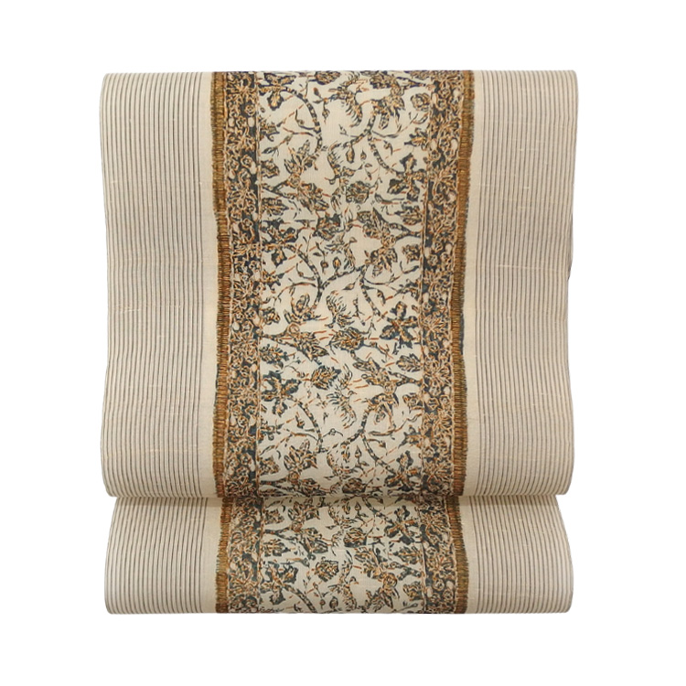 多ち花（たちばな）「インドネシア更紗文・縞」九寸名古屋帯 摺り友禅 染め帯 夏帯〜単衣帯 生成＜お仕立て代込＞の画像