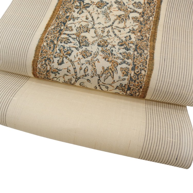 多ち花（たちばな）「インドネシア更紗文・縞」九寸名古屋帯 摺り友禅 染め帯 夏帯〜単衣帯 生成＜お仕立て代込＞の画像