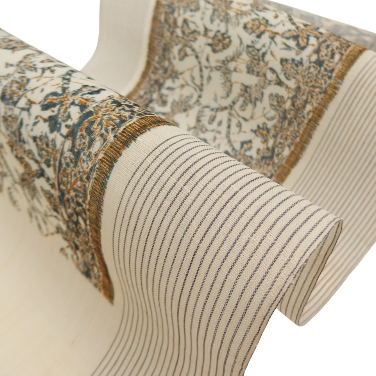 多ち花（たちばな）「インドネシア更紗文・縞」九寸名古屋帯 摺り友禅 染め帯 夏帯〜単衣帯 生成＜お仕立て代込＞の画像