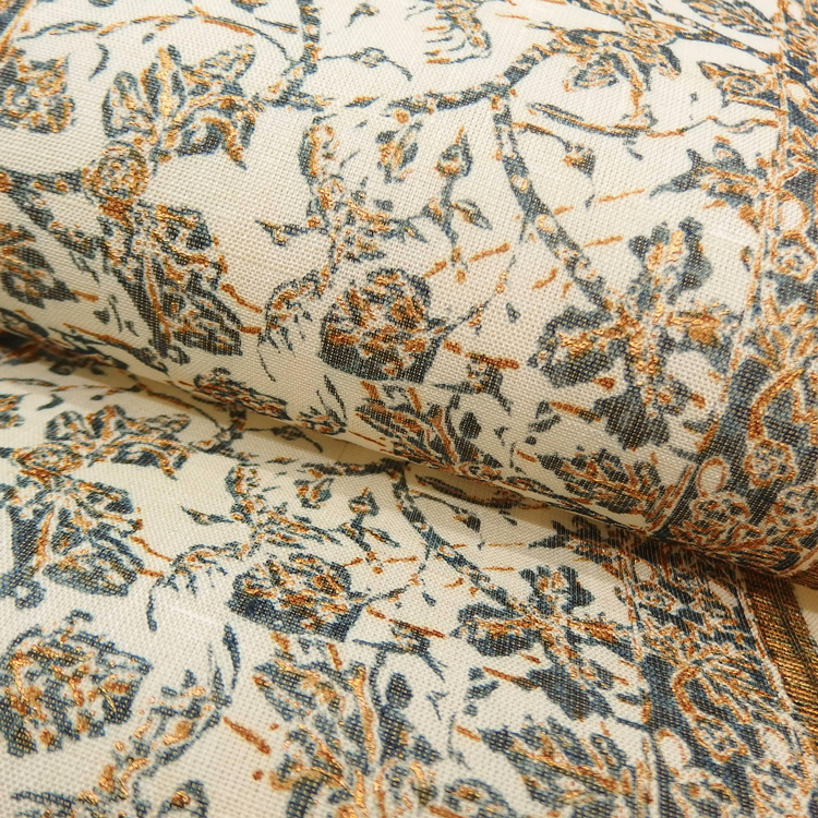 多ち花（たちばな）「インドネシア更紗文・縞」九寸名古屋帯 摺り友禅 染め帯 夏帯〜単衣帯 生成＜お仕立て代込＞の画像