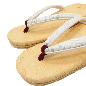 衿秀 南部表（畳表・志那表）×シコロ織鼻緒（前ツボ臙脂）「前3後7」Lサイズ 草履 生成＜即日発送可＞の画像