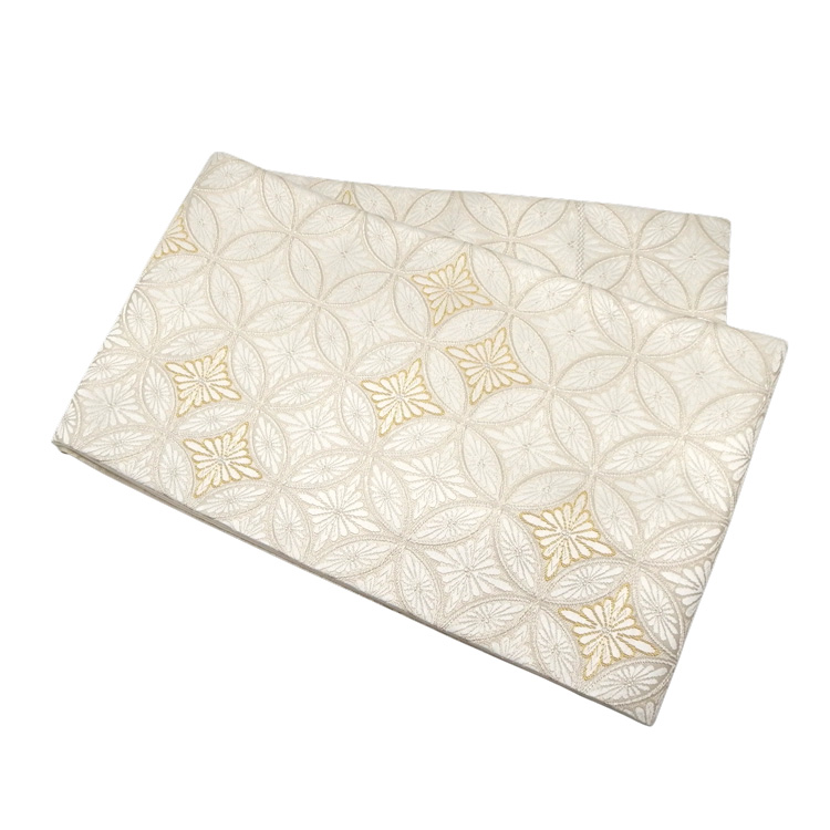 ＜仕立て上がり・即日発送可＞河合美術織物「菊七宝文」袋帯（白・ベージュ）の画像