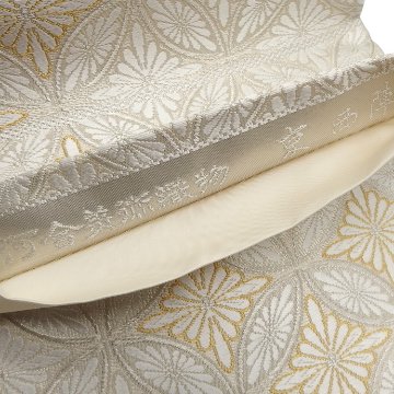 ＜仕立て上がり・即日発送可＞河合美術織物「菊七宝文」袋帯（白・ベージュ）の画像