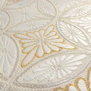 ＜仕立て上がり・即日発送可＞河合美術織物「菊七宝文」袋帯（白・ベージュ）の画像