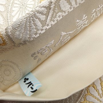＜仕立て上がり・即日発送可＞河合美術織物「菊七宝文」袋帯（白・ベージュ）の画像