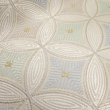 ＜仕立て上がり・即日発送可＞河合美術織物「七宝つなぎ」袋帯（白・ベージュに白青、白緑、灰桜）の画像