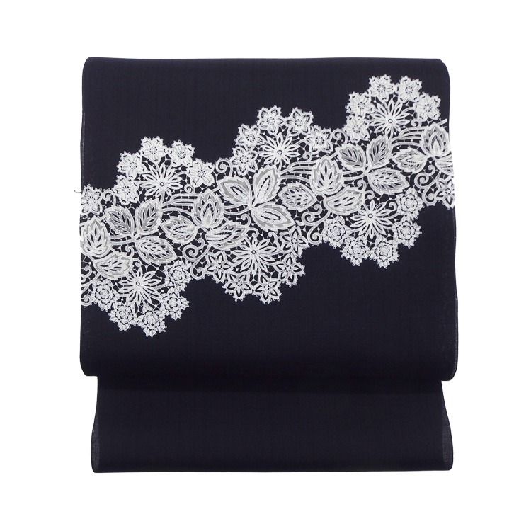 Foglia（フォリア）仁平幸春 「ななめレース」千成堂別注 九寸名古屋帯 染め帯 紫みの黒青＜お仕立て代込＞の画像