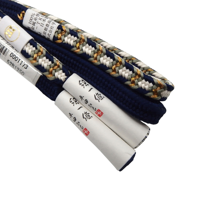 渡敬×平田組紐 帯締め 御岳ゴブラン水引 紺色と利休鼠と白と金糸＜即日発送可＞の画像