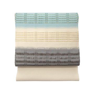 藤山千春 「草木染手織物 吉野間道」 九寸名古屋帯 象牙色に白群と茶＜お仕立て代込＞の画像