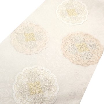 ＜仕立て上がり・即日発送可＞河合美術織物「華文」九寸名古屋帯（白に灰桜色）の画像