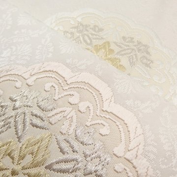 ＜仕立て上がり・即日発送可＞河合美術織物「華文」九寸名古屋帯（白に灰桜色）の画像