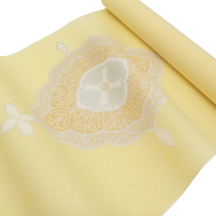 洛風林 「マルグレーテ華文」九寸名古屋帯 夏帯〜単衣帯 灰淡黄＜お仕立て代込＞の画像